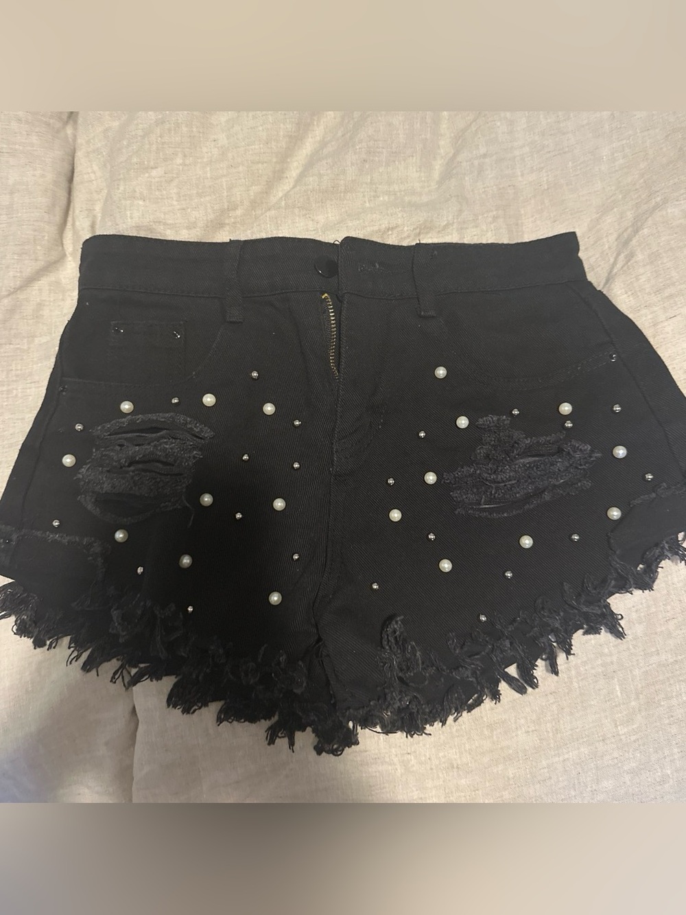 Black Distressed Pearl-Embellished Women's Denim Shorts